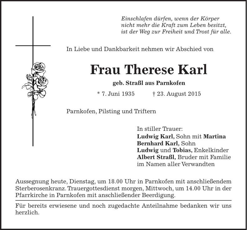 Traueranzeige Therese Karl