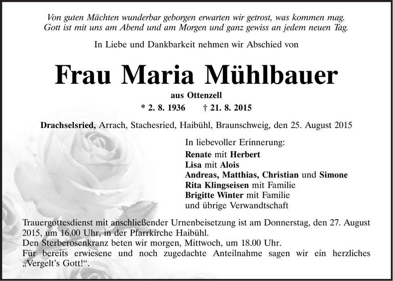 Traueranzeige Maria Mühlbauer