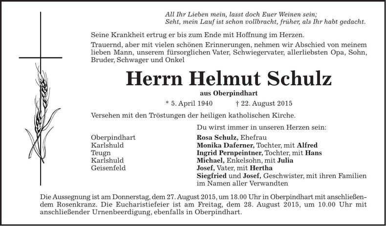 Traueranzeige Helmut Schulz