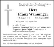 Traueranzeige Franz Wanninger