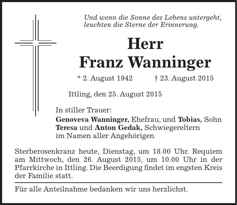 Traueranzeige Franz Wanninger