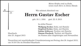 Traueranzeige Gustav Escher