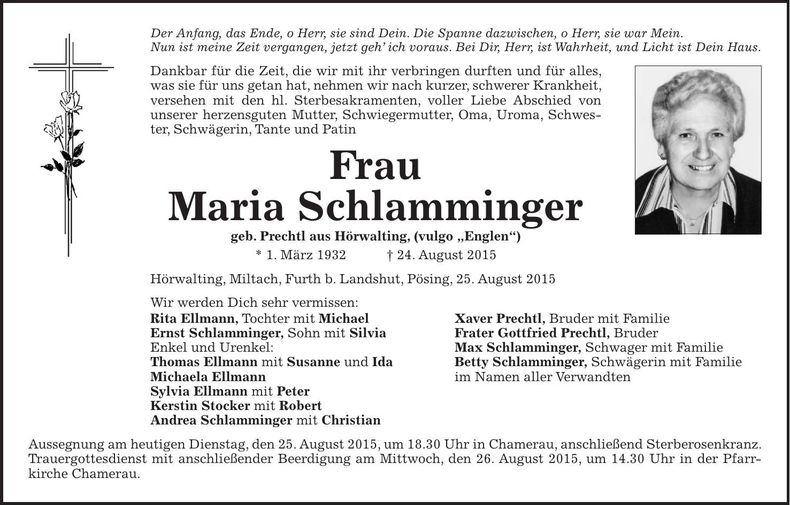 Traueranzeige Maria Schlamminger