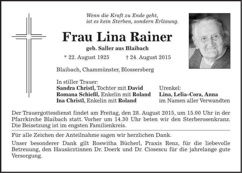 Traueranzeige Lina Rainer