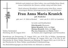 Traueranzeige Anna Maria Kranich