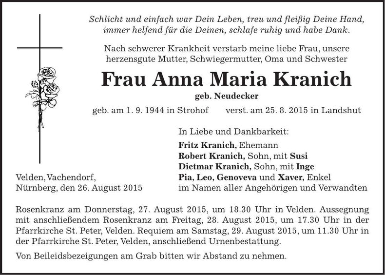 Traueranzeige Anna Maria Kranich