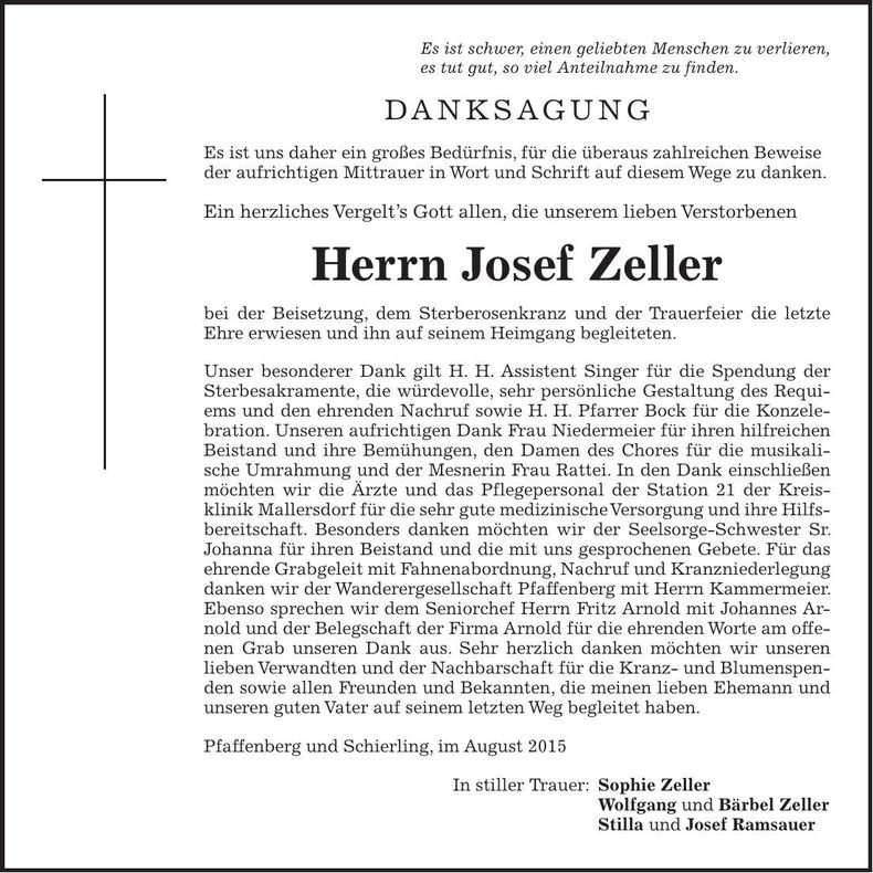 Traueranzeige Josef Zeller
