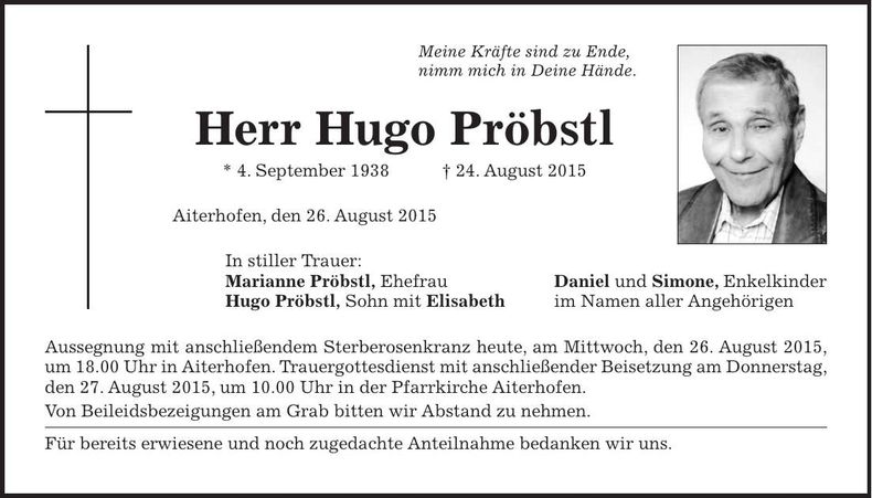 Traueranzeige Hugo Pröbstl
