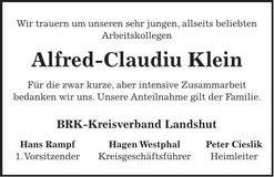 Traueranzeige Alfred-Claudiu Klein