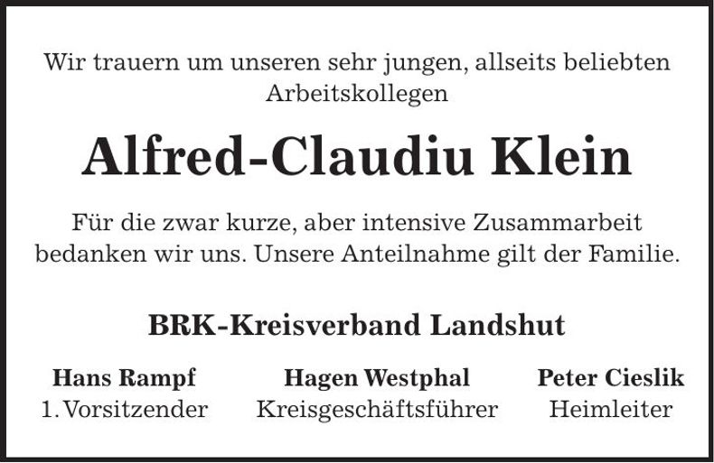 Traueranzeige Alfred-Claudiu Klein
