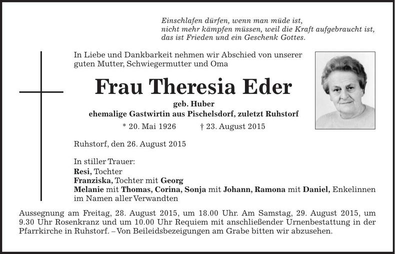 Traueranzeige Theresia Eder