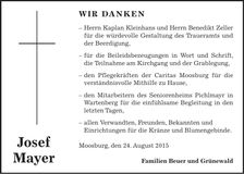 Traueranzeige Josef Mayer