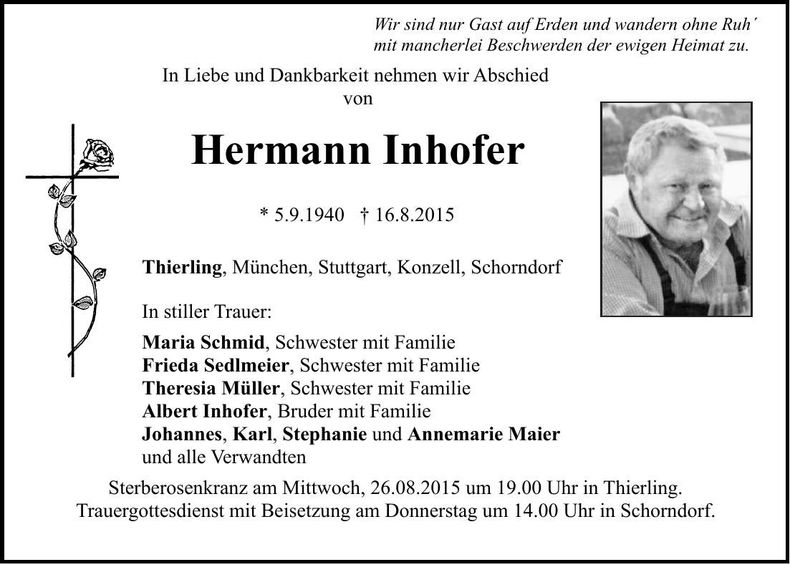 Traueranzeige Hermann Inhofer
