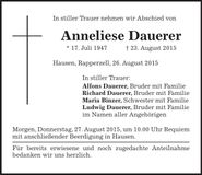Traueranzeige Anneliese Dauerer