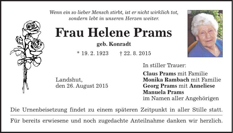 Traueranzeige Helene Prams