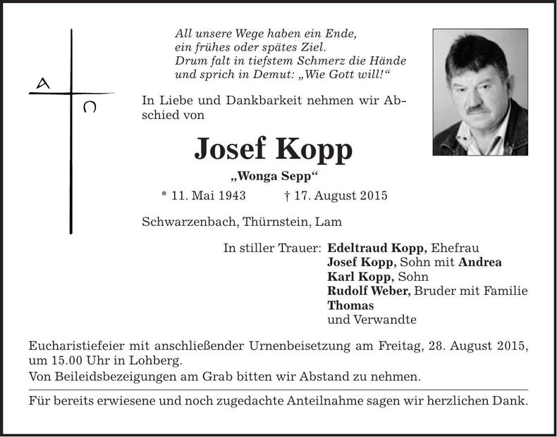 Traueranzeige Josef Kopp