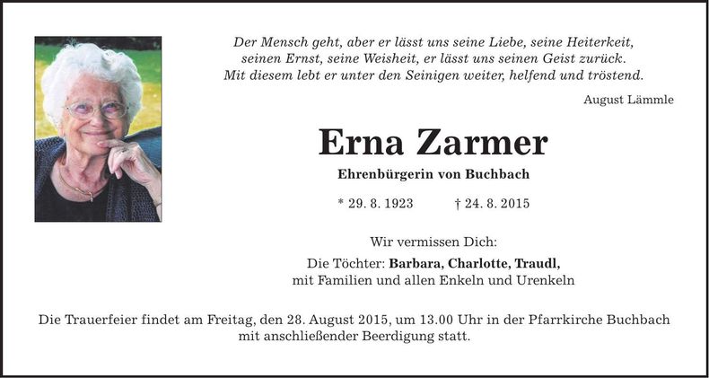 Traueranzeige Erna Zarmer