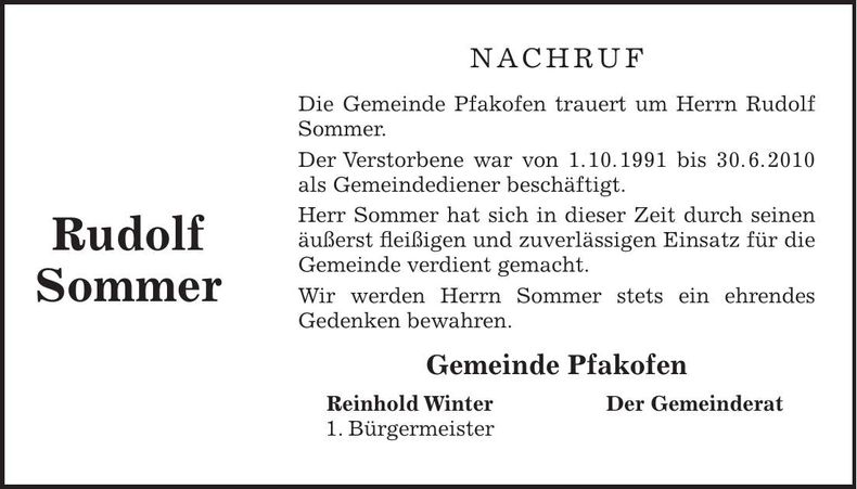 Traueranzeige Rudolf Sommer