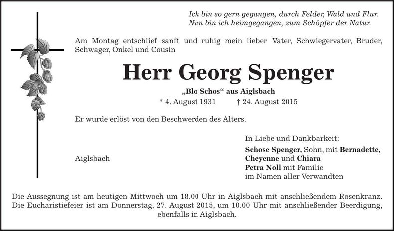 Traueranzeige Georg Spenger