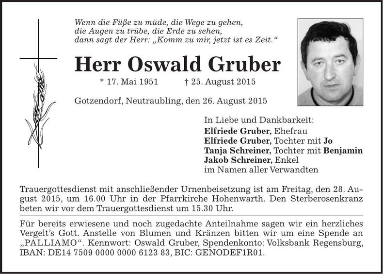 Traueranzeige Oswald Gruber