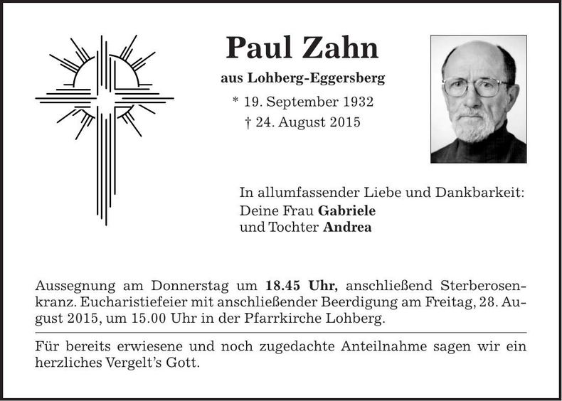 Traueranzeige Paul Zahn