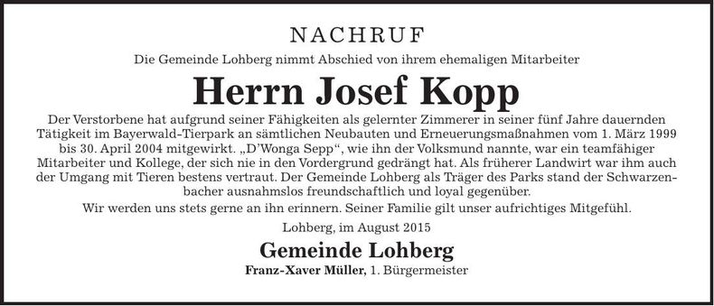 Traueranzeige Josef Kopp