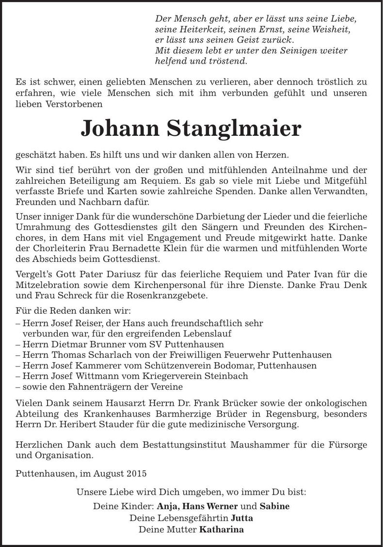 Traueranzeige Johann Stanglmaier