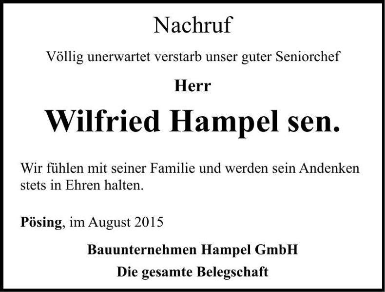 Traueranzeige Wilfried Hampel