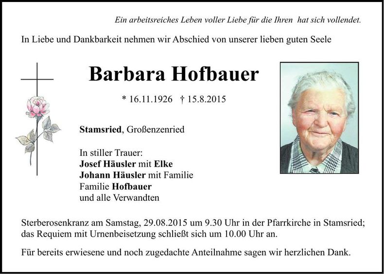 Traueranzeige Barbara Hofbauer