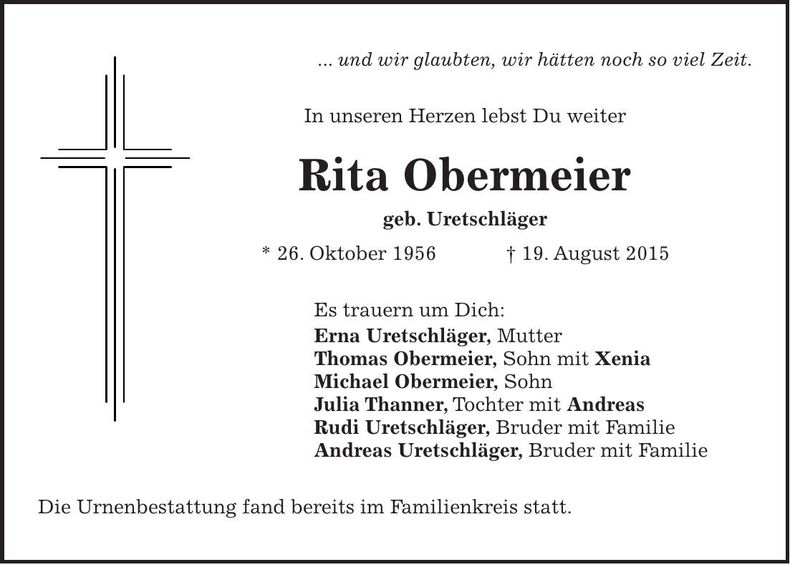 Traueranzeige Rita Obermeier