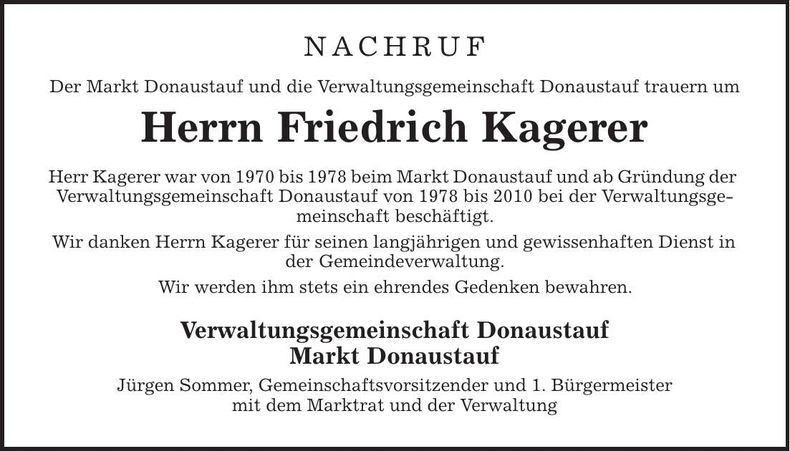 Traueranzeige Friedrich Kagerer