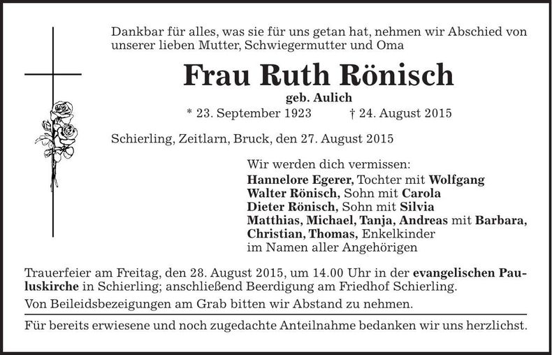 Traueranzeige Ruth Rönisch