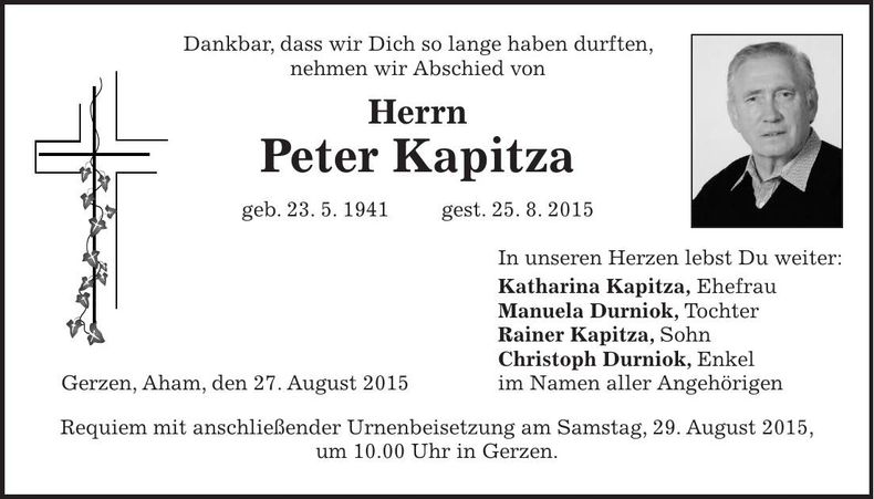 Traueranzeige Peter Kapitza