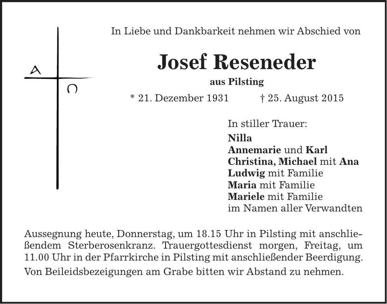 Traueranzeige Josef Reseneder