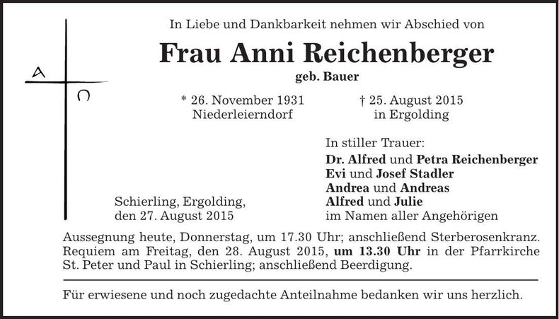 Traueranzeige Anni Reichenberger