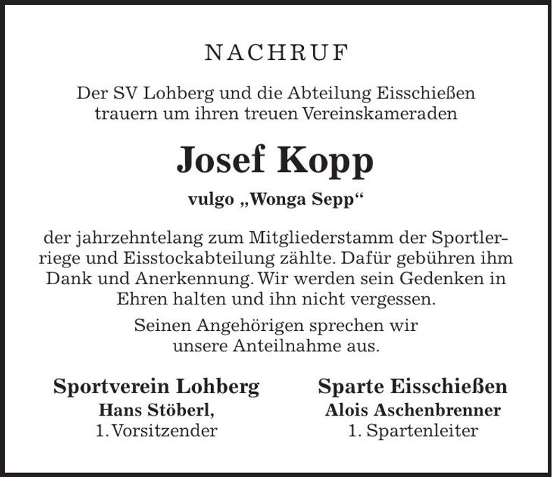 Traueranzeige Josef Kopp