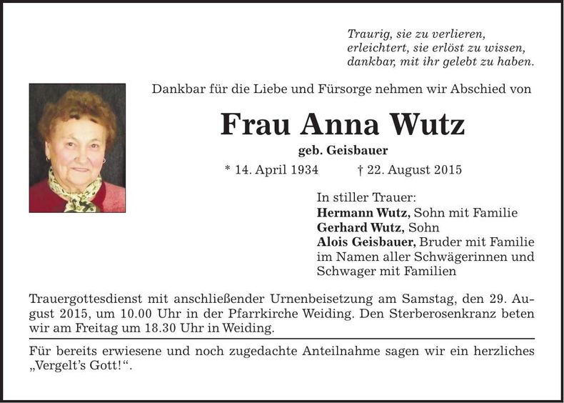 Traueranzeige Anna Wutz