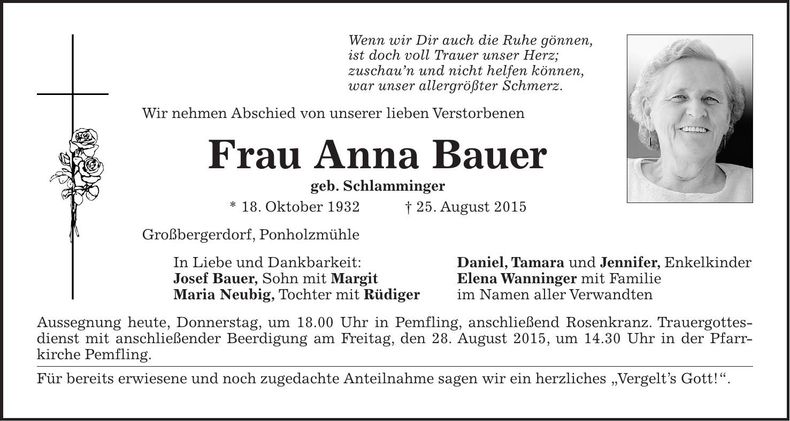 Traueranzeige Anna Bauer