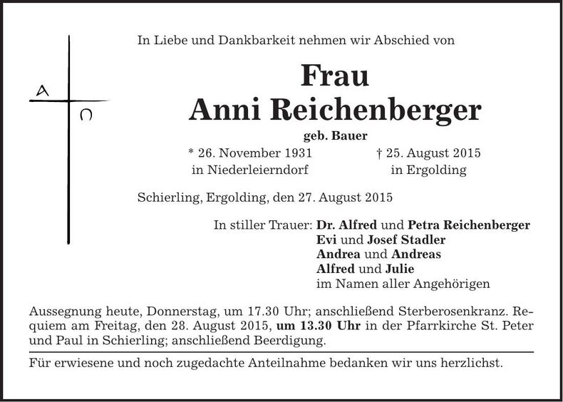 Traueranzeige Anni Reichenberger