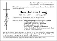 Traueranzeige Johann Lang