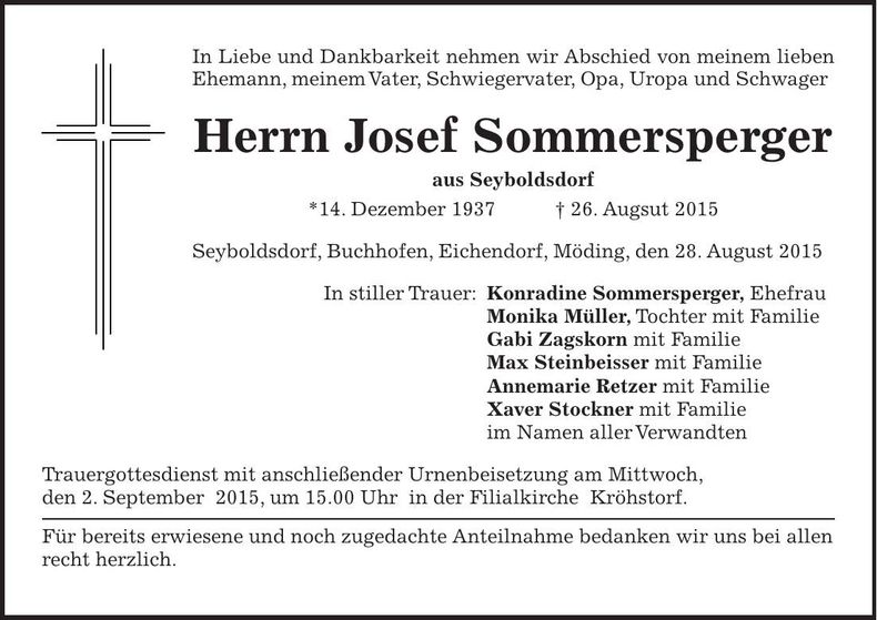 Traueranzeige Josef Sommersperger