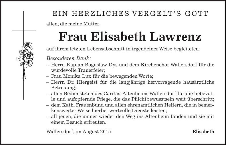 Traueranzeige Elisabeth Lawrenz