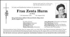 Traueranzeige Zenta Hurm