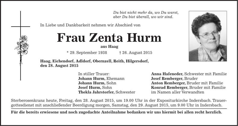 Traueranzeige Zenta Hurm