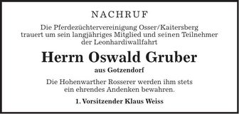 Traueranzeige Oswald Gruber
