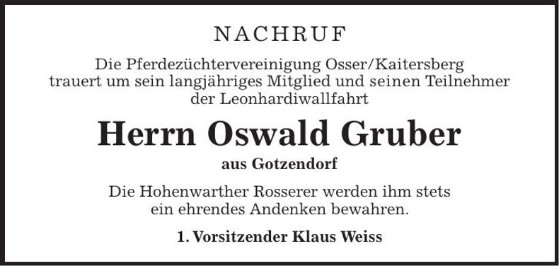 Traueranzeige Oswald Gruber