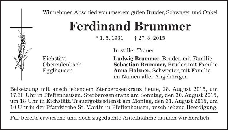Traueranzeige Ferdinand Brummer