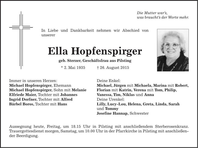 Traueranzeige Ella Hopfenspirger