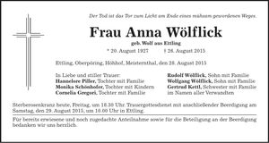 Traueranzeige Anna Wölflick