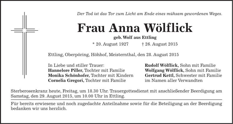 Traueranzeige Anna Wölflick
